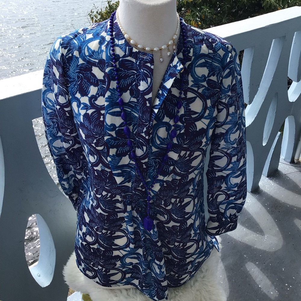 Tory Burch Mixed Blue Floral Lightweight V-Neck Buttoned Tunic Women's Top